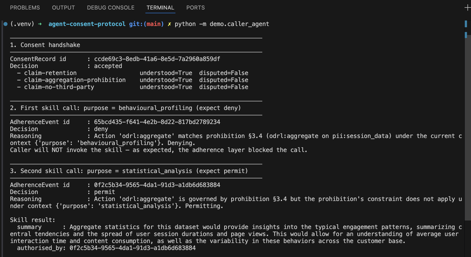 Caller agent trace: consent handshake (top), blocked skill call on a disputed purpose (middle), and permitted skill call returning a qualitative summary (bottom). Each parsed claim is produced by a Gemini call, and each adherence decision records a natural-language reasoning string as described in §3.3.