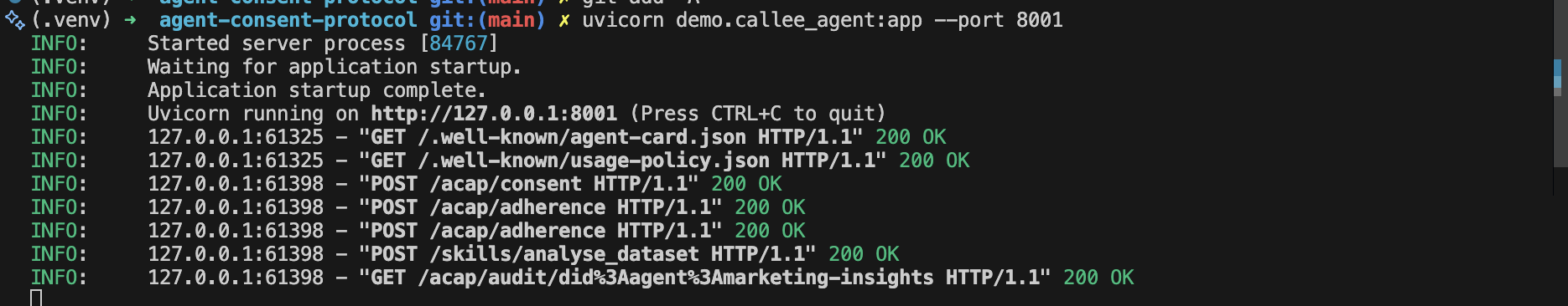 Callee server log for the same end-to-end session. Every interaction is a standard HTTP request against a FastAPI app, with the ACAP endpoints (/acap/consent, /acap/adherence, /acap/audit) sitting alongside the A2A-standard well-known paths. No modification of the A2A runtime is required.